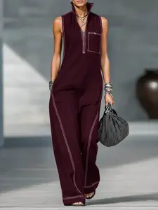2026 New Women's Stand Collar Sleeveless Casual Loose Linen-Blend Jumpsuit, Comfortable and Stylish, Perfect for Daily Wear