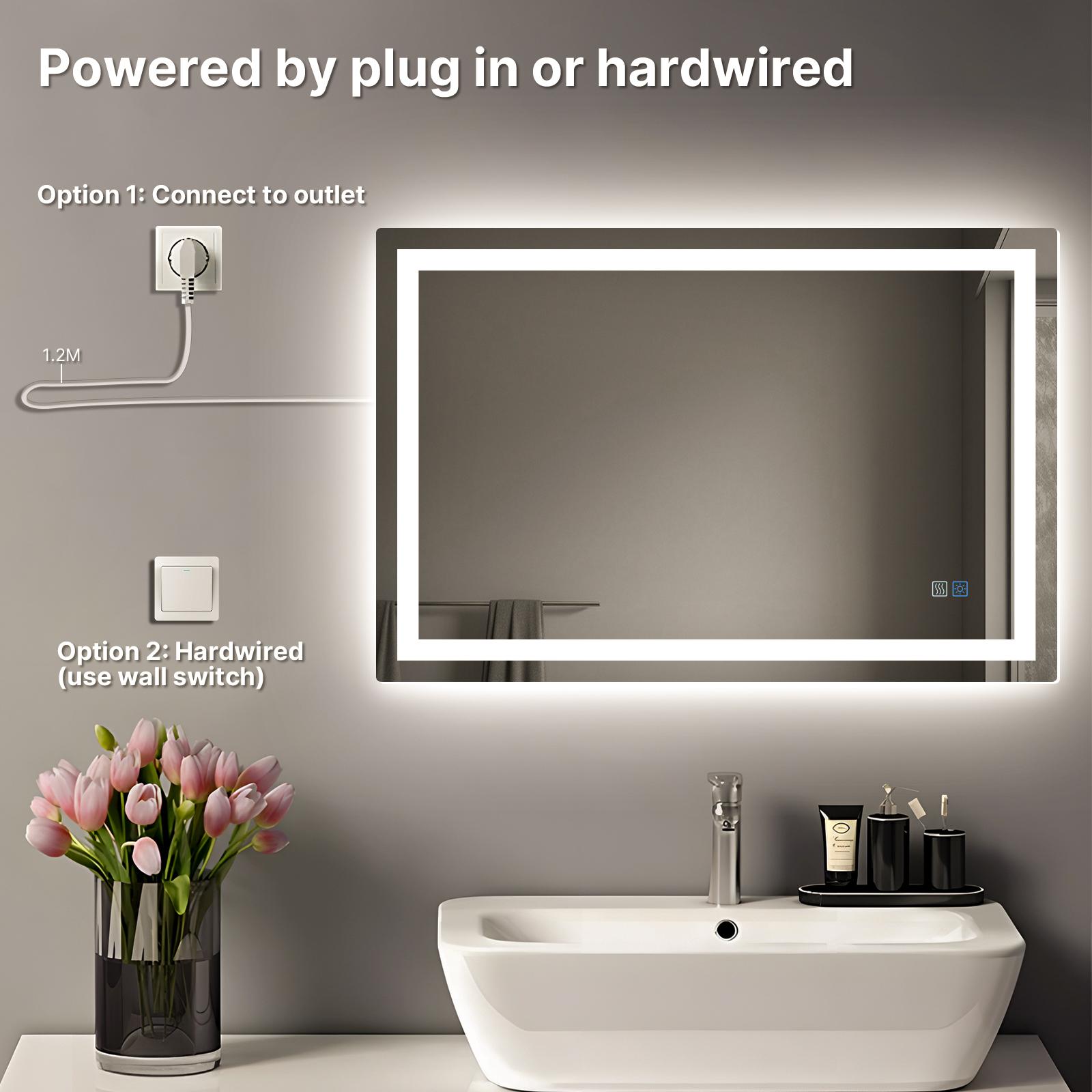 HYPERLITE Dimmable Brightness Bathroom Mirror Lights, 36*28 inches Anti-Fog Function Vanity Mirror Memory Setting LED Wall Mirror , Shatter-Proof Tempered Glass, Modern Illuminated Mirror for Bathroom Dressing Area SpringGlowUp 48*32 60*36 32*24 36*24