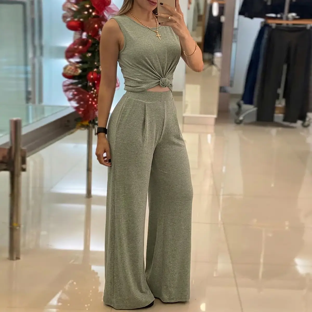 CHICME Women's 2 Pieces Outfit Sleeveless Knit Lounge Set Round Neck Tank Top and High Waist Wide Leg Pants with Pockets Fitted Womenswear