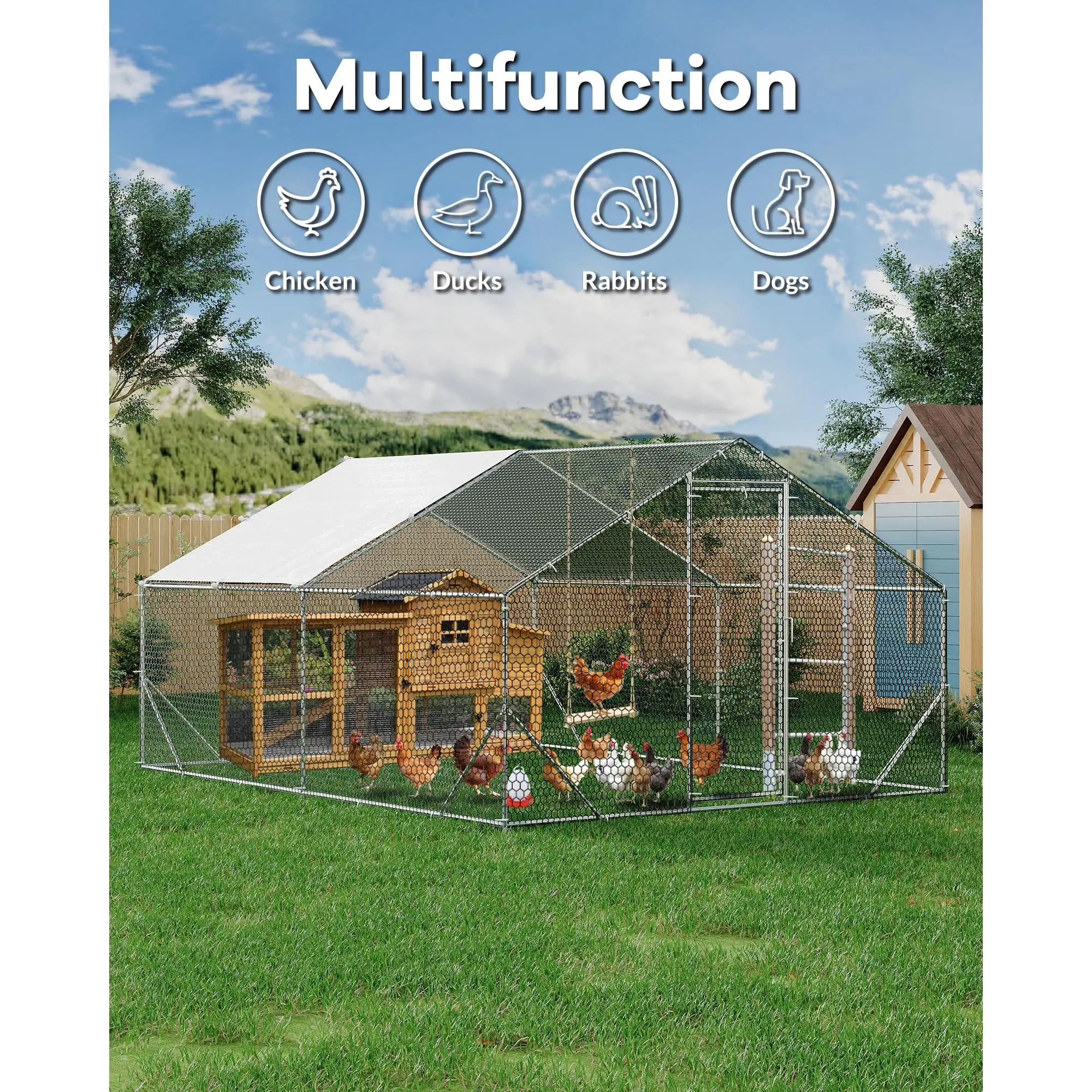 Large Metal Chicken Coop 9.8'X6.5'X6.5' with Waterproof & Anti-UV Cover and Lockable Doors, Walk-in Chicken Run with Spire Roof, Outdoor Yard Poultry Cage for Duck Coop, Hen House & Rabbit Run