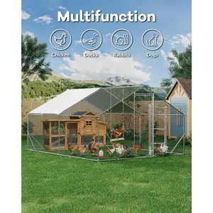 Heavy Duty Large Metal Chicken Coop 9.8'×6.5'×6.5', Walk-in Chicken Run with Spire Roof, Lockable Doors & Waterproof Anti-UV Cover, Multi-Use for Duck Coop & Rabbit Run