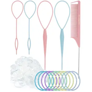 Hair Styling Tool Set, Includes Rat Tail Comb, French Braid Tool Loops, 100 Clear Mini Elastic Hair Bands, and Tail Braiding Combo