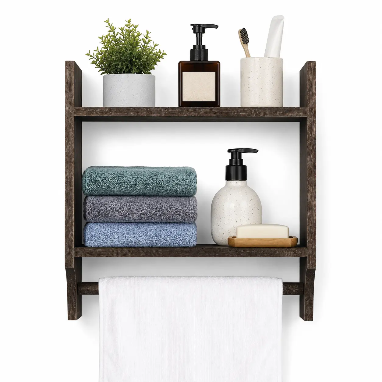 2-Tier Wall Mounted Bathroom Towel Rack with Shelf, Rustic Wood Bathroom Storage Organizer with Towel Bar, Space-Saving Bathroom Shelves for Towels, Toiletries & Bathroom Decor, Dark Brown