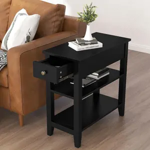Side Table Living Room, Narrow End Table with Drawer and Shelf, 3-Tier Sofa End Table for Small Space, Black