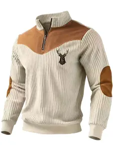 Men's Half-Zip Colorblock Geometric Long Sleeve Top, Unique Animal Deer Head Print, Polyester Fabric, Casual Fall & Winter Wear, Daily Use