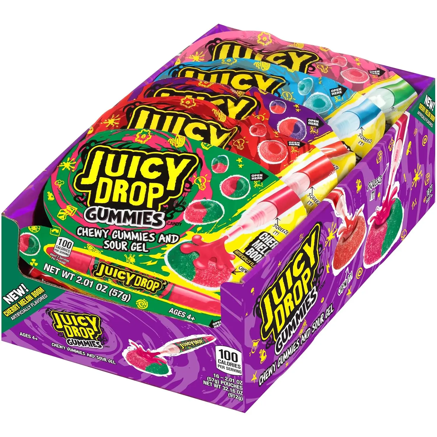 Juicy Drop Gummies 16 ct. - Sweet and Chewy Gummy Candy with Sour Gel with Mixed Fruits Flavors - 16 Count Pack Snack Bonbon
