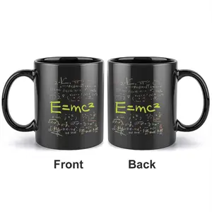 1pc 11oz black ceramic mug. Both the front and back are printed with Einstein's mass-energy equation E=mc² and physical formula patterns. Suitable for students, teachers, researchers, and office workers for study and work. Very suitable as Christmas gifts