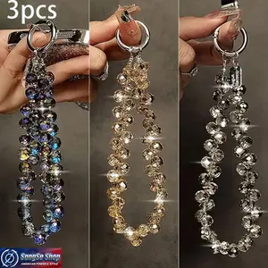 3Pcs Mixed Color Rhinestone Phone Lanyard Set 2026 Trend Luxury Metal Link Chain Detachable ABS Beaded Strap Mobile Phone Wrist & Neck Chain Accessory for Keys Bags Commuting Parties Travel and Daily Stylish Use
