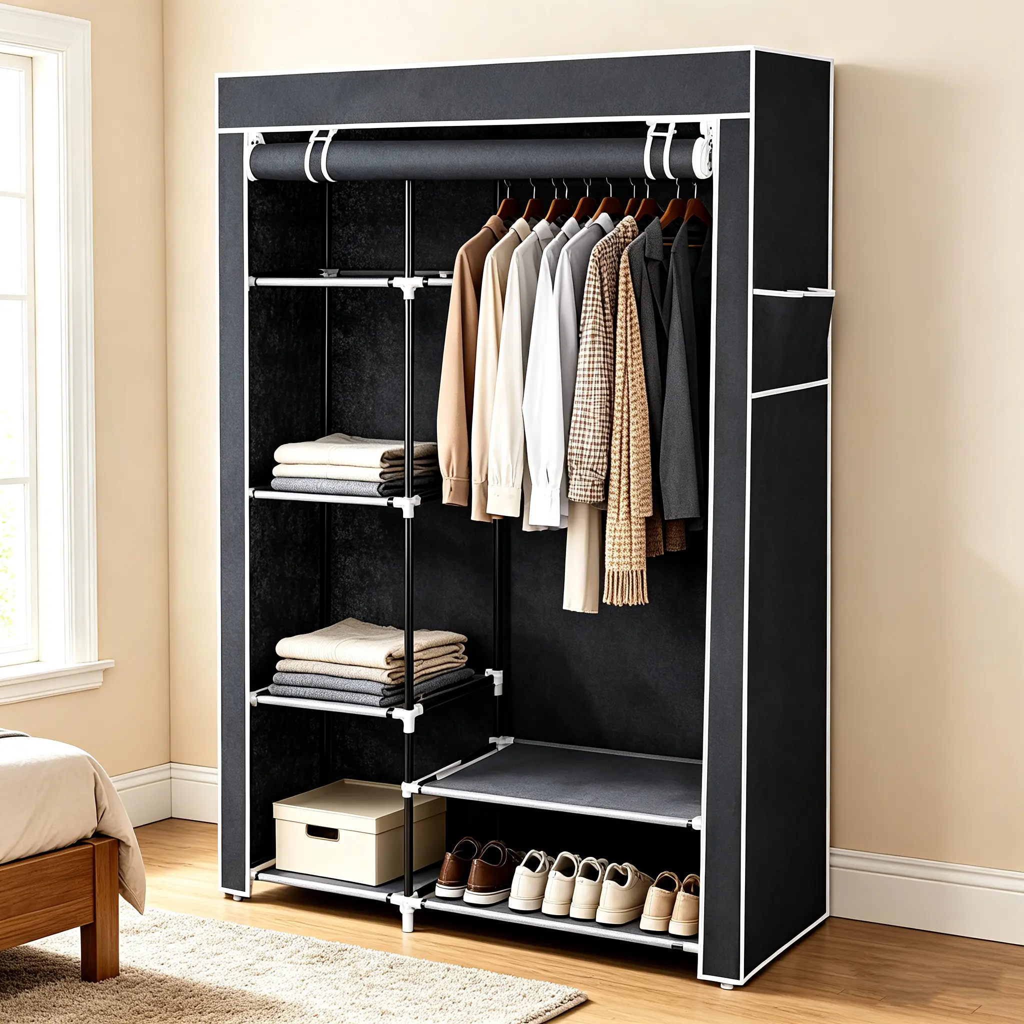 Modern 64" Gray Portable Dustproof Closet Storage Organizer Wardrobe with Steel Tube Frame and Shelves
