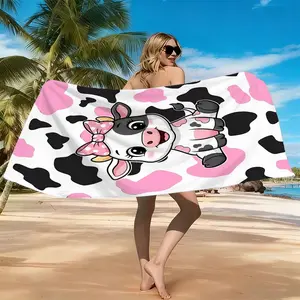 Printed Microfiber Beach Towel - Adorable Baby Cow Print Beach Towel, Cute Cartoon Animal Pattern with Pink Accents, Summer Bath & Lounging, Vibrant Digital Print, Lightweight & Sand-Free, Gift for Kids and Cow Lovers, Easy to Pack & Machine Washable.
