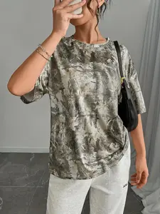 Women's Vintage Withered Branch Camo Print Loose-Fit Round Neck Drop Shoulder Casual Knit Summer T-Shirt, All over Print Design