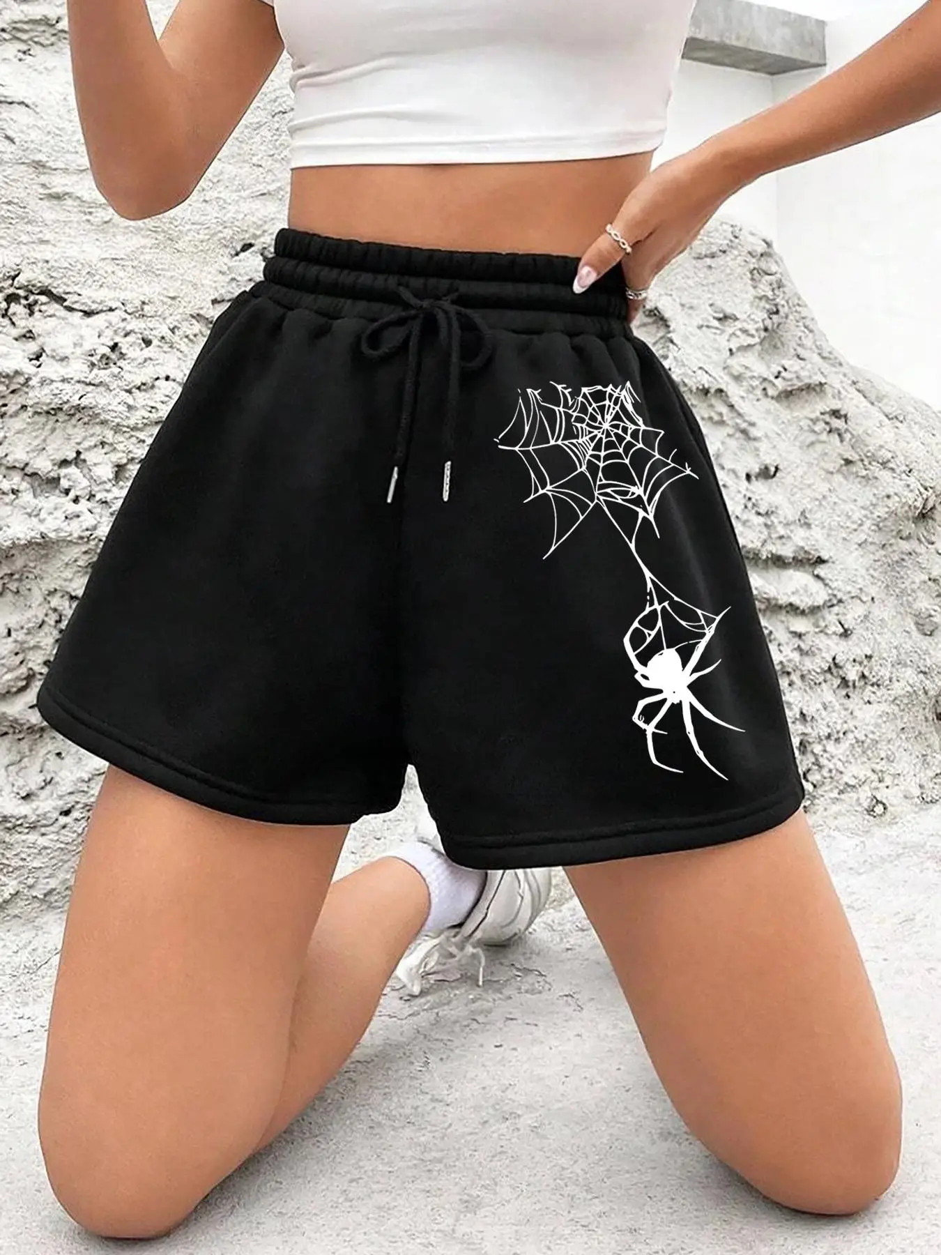 Women's Spider Web Print Shorts, Casual Comfy Breathable Shorts for Daily Wear, Casual Fashionable Shorts, Ladies Bottoms for Summer, Casual Street Shorts