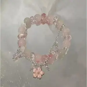 Pastel Pink Flower Charm Bracelet - Dainty Crystal Beaded Bracelet for Women, Romantic Floral Jewelry, Y2K & Fairycore Style