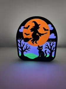Witch & Black Cat Halloween Display – Flying Witch Scene with Remote-Controlled LED Lights – Glowing Decor for Parties, Mantels, and Trick-or-Treat Setups – Multicolor Lighting
