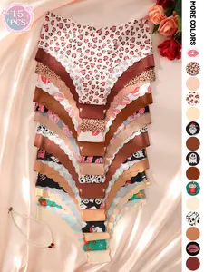 15-piece set of Halloween, Christmas, and Valentine's Day women's underwear, sexy low-rise wavy edge panties, available in various solid colors and prints suitable for all seasons, holidays, and everyday wear Womenswear.