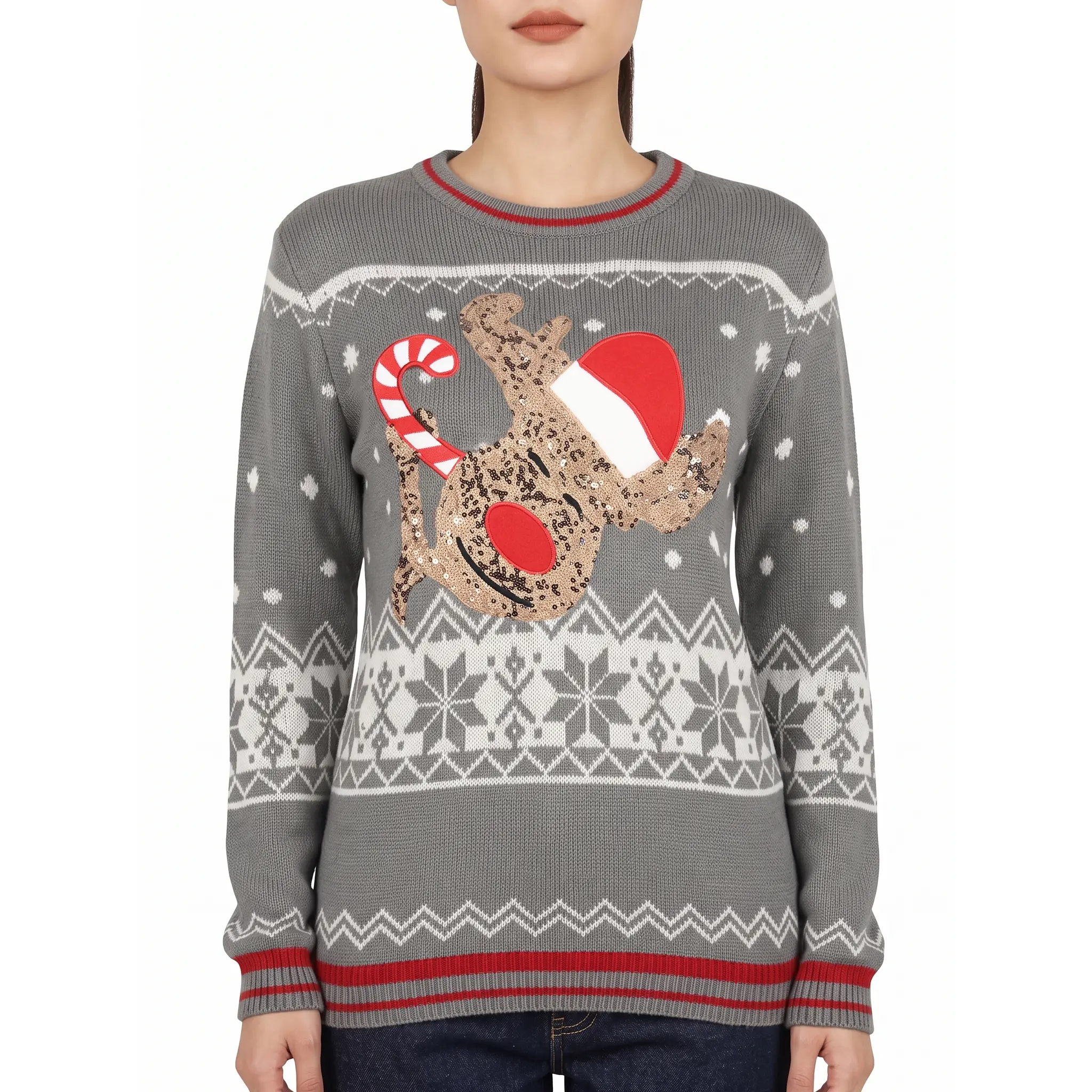 Women's Festive Reindeer Sweater with Sequins for Christmas Parties and Winter Celebrations