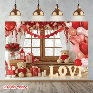 1PC,2D Flat Valentine's Day Romantic Theme Photo Backdrop, Love Balloons Flowers Teddy Bear LOVE Letter Background Wall, Birthday Party Proposal Confession Live Decoration Photo Prop