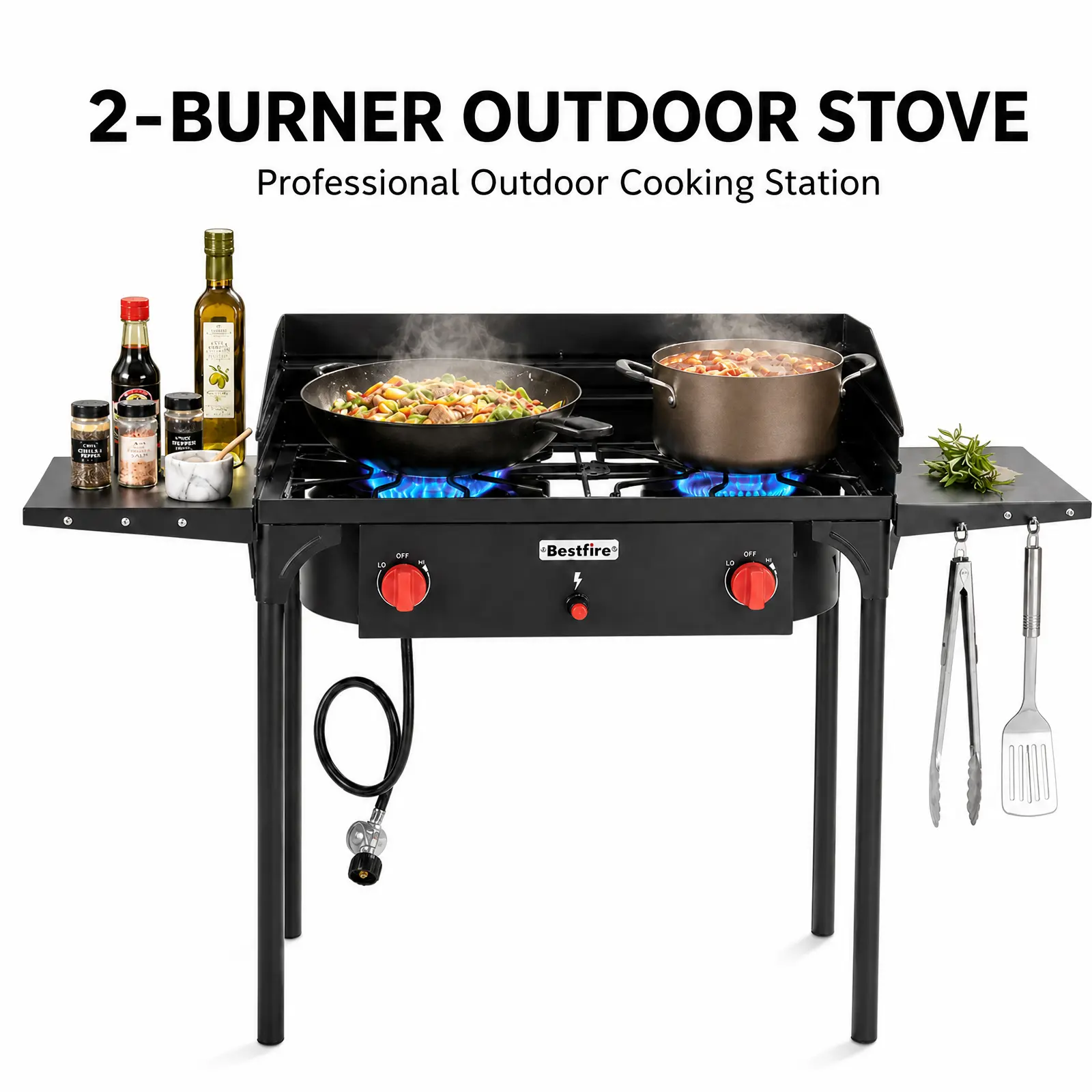 BESTFIRE 2-Burner 150K BTU Propane  Stove with Wind Panel, Auto Ignition, Removable Legs & Side Shelves, 0–20 PSI Regulator | for Camping, BBQ, Home Brewing, Turkey Frying, Outdoor Barbecue, Picnic, Patio Cooking cooker perfect seafood boil