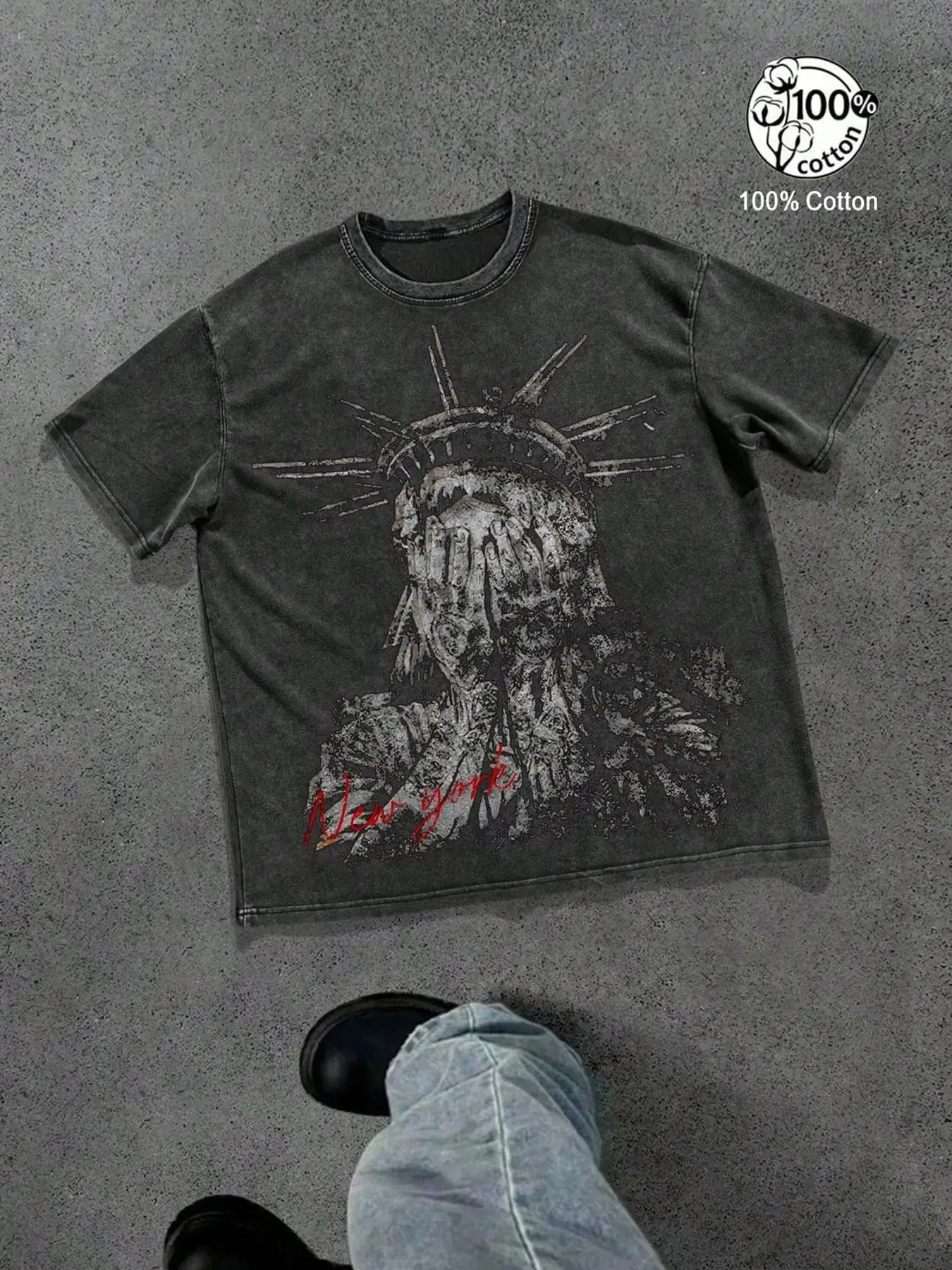 Men's 100% Cotton Acid Washed Vintage Black & Grey Oversized Casual T-Shirt | Covered Face Statue of Liberty "New York" Print Dark American Retro Streetwear Top