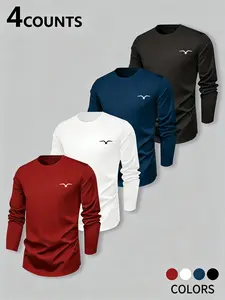 Men's 4-Piece Long Sleeve T-Shirt Set, Fashion Casual Classic Aesthetics Fitted Round Neck, Soft Breathable Fabric, Geometric Design, Spring & Fall