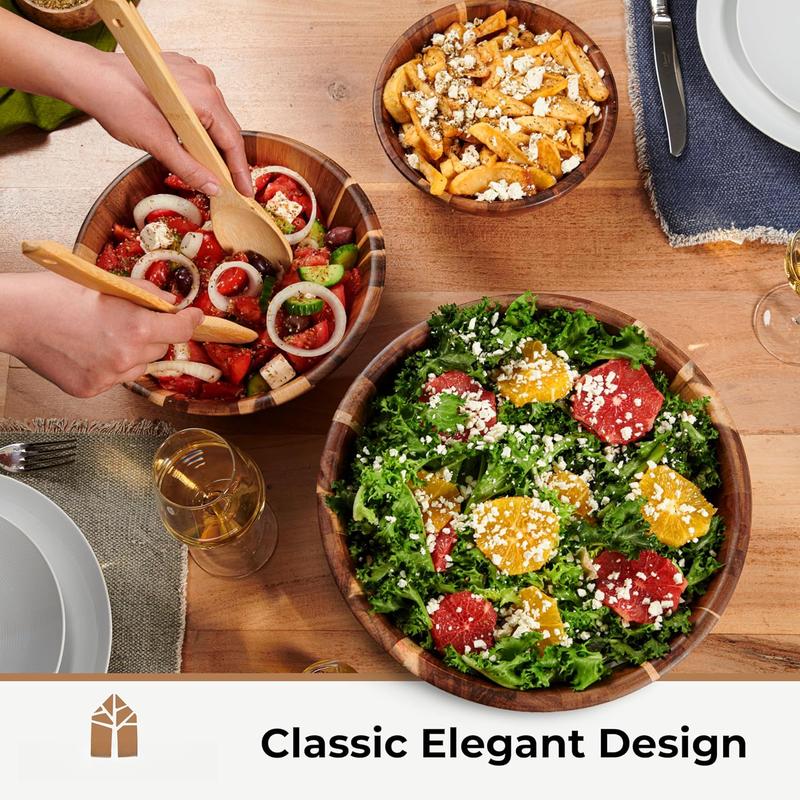Wooden Bowls, Wooden Salad Bowl Set of 3 - Round Design Large Salad Bowl Set for Serving, , Durable and Stylish   Dining Accessory by
