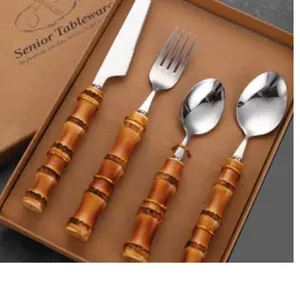 Bamboo Flatware -Place Set of 4 Cutlery Fork Steel Tableware