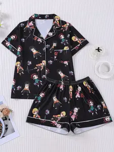 2 Piece Women's Demon Slayer Chibi All Over Print Pajama Set, Short Sleeve Collared Button Down Top with Pocket & Elastic Waist Shorts, Anime Cartoon Soft Comfy Loungewear, Lightweight Sleepwear for All Season Home Daily Wear Pjs, Nightwear