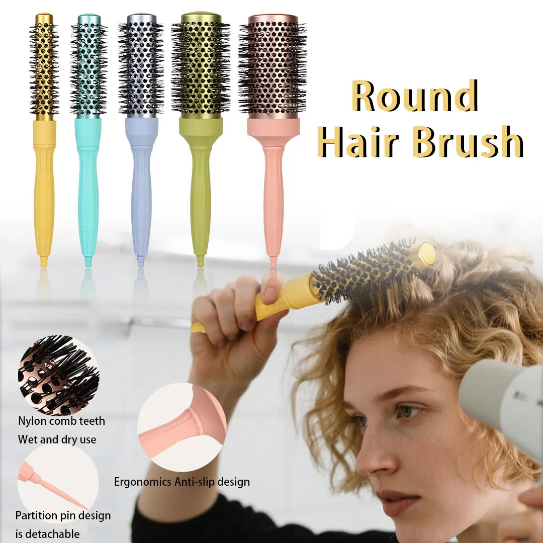 Round Barrel Thermal Brush, Aluminum Roller Brush For Extra Tension and Grip, Ceramic Coated Barrel, Hair Styling Brush, Volumizing Brush, Hair Styling Tools, for Travel, Easy to Create Blowout Look, Hairbrushes for Women Curly and Straight Hair