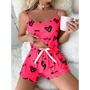 Heart Eyelashes Printed Cami Top And Shorts Pajama Set