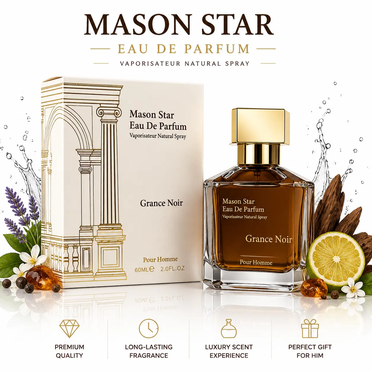 Mason Star Grance Noir EDP 60ml - Long Lasting Men's Cologne Luxury Fragrance for Men, Masculine Scent Perfect Gift for Him 2.0oz