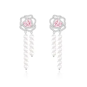 "Rose Amour" Sterling Silver Pearl Threader Earrings