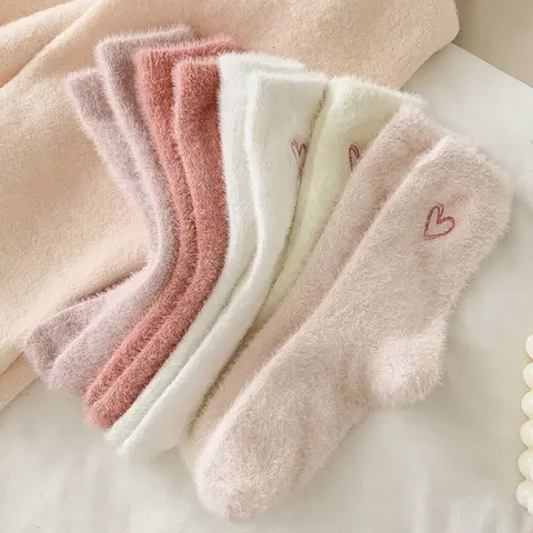 5 Pairs Mid-Calf Socks, Heart Embroidery Pattern, Faux Fur Winter Warm Thick Home Sleep Long Socks, Soft Plush Comfortable Socks, Soft Comfy Socks, Fluffy Socks, Sock Packs