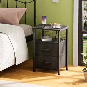 LED Nightstand with USB Ports & Outlets 2 Fabric Drawers Black Bedside Table with Charging Station for Modern Nights