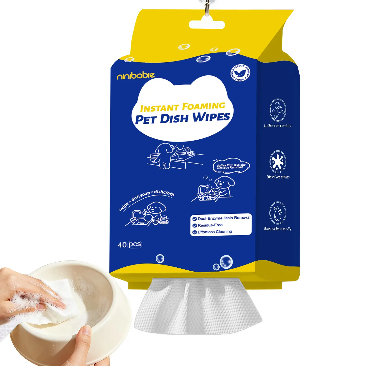 Ninibabie Instant Foaming Pet Dish Wipes, Dual Enzyme All Natural Pet Dish Wipes in Hanging Pack for Lasting Cleanliness, Residue-Free Disposable Wipes to Remove Biofilm & Stubborn Stains 40 Count