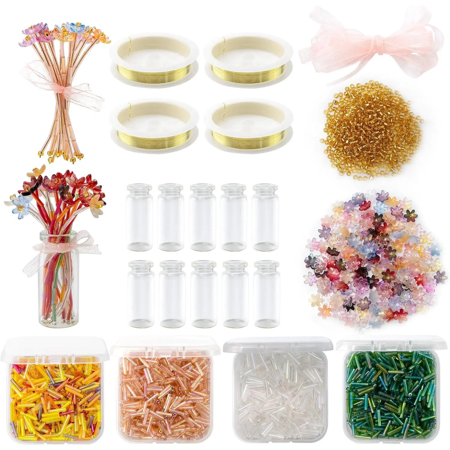 2265pcs Bead Crafting Kit with Copper Wire, DIY Forever Flower Beaded Bouquet, 10x1.97in Glass Vases, Reusable Bags, Beginner-Friendly Rainy Day Project, Mother’s Day Craft Gift Decor, 1.97In Vases