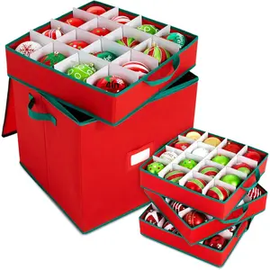 64 count 4in Christmas Ornament Storage Box with Dividers Tray Stores Holiday Ornament Adjustable Dividers Double Zipper Label Slot Two Handles Storage Container Box Keeps Xmas Decor(red)