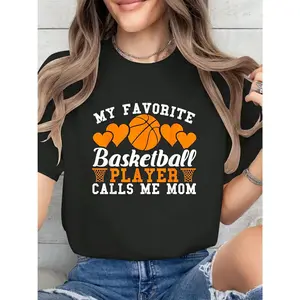 Women's My Favorite Basketball Player Calls Me Mom Graphic T-Shirt Casual Crew Neck Short Sleeve Top Polyester Perfect for Spring Summer Black with Orange White Print Basketball Mom Shirt