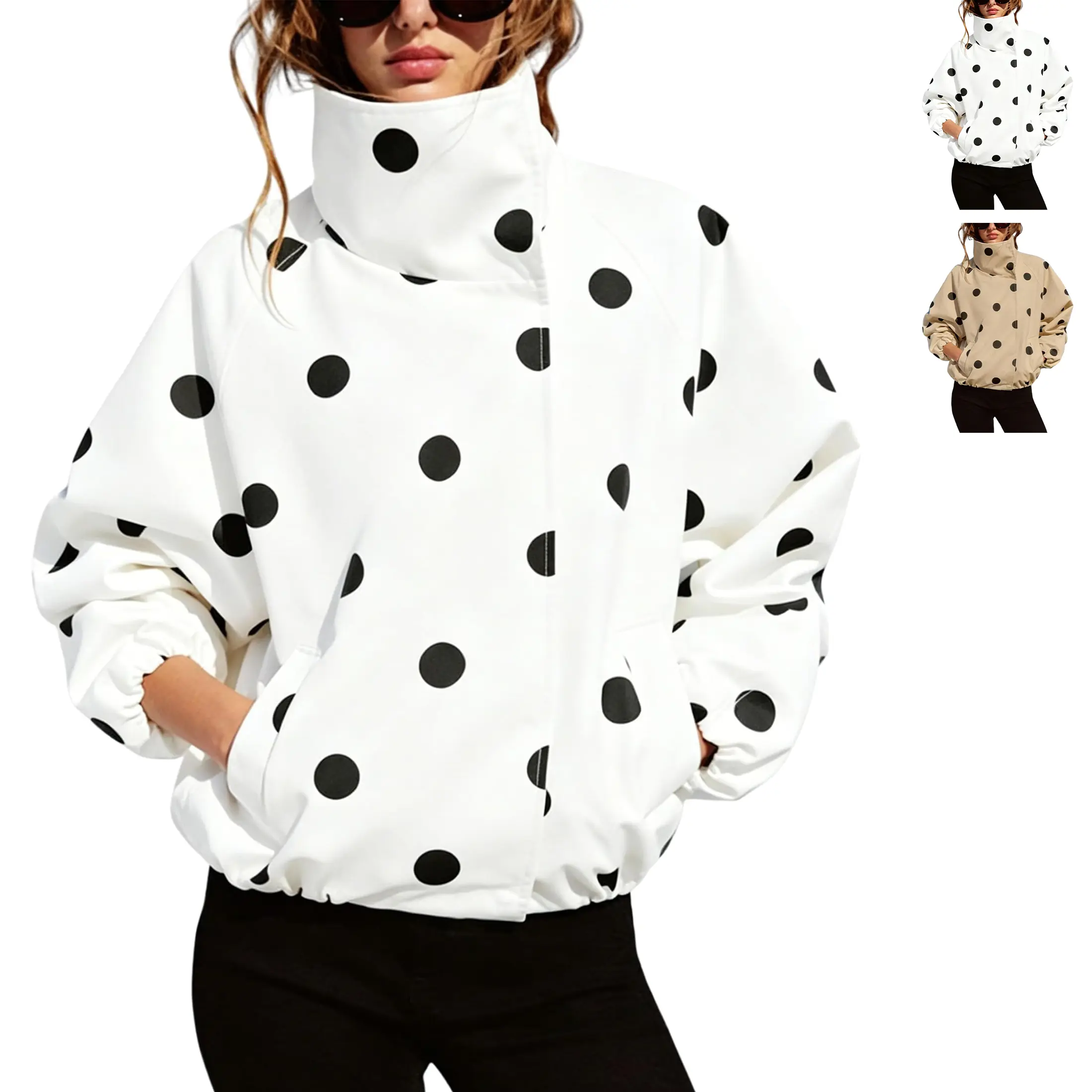 Buenoble Women Oversized Polka Dot Bomber Jacket Stand Collar Zip Up Casual Loose Windbreaker Neutral Fall Outerwear