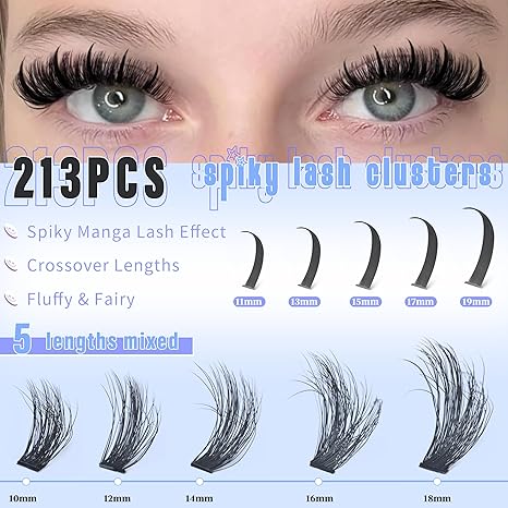 Fluffy Lash Clusters with Spike Manga Lash Clusters Kit Lash Extension with Lash Bond and Seal Lash Applicator Premade Individual Lashes Lashes Clusters Wispy Fairy Cluster Eyelashes Kit(80D,10-18mm)