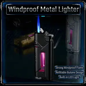Windproof Heavy Duty Metal Lighter with Blue Flame | Refillable Butane Gas Tank, Visible Fuel Level, Adjustable Flame for Camping, BBQ & Candle Lighting (Fuel Not Included)