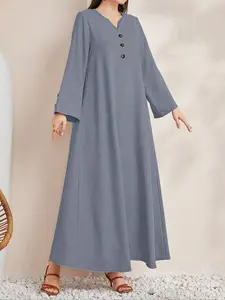 Women's Casual Textured Knit Dress with Faux Buttons Design, Long Sleeve Round Neckline, Perfect for Daily Wear & Spring