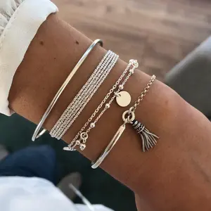 Layered Silver Bracelet Set for Women – Boho Tassel & Disc Charm Stackable Bangle Jewelry