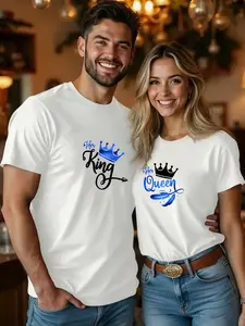 Men's King & Queen Print Casual Top, Summer Fitted Graphic Tee, Perfect Couple, High-End Trendy Design, Ideal for Daily Wear