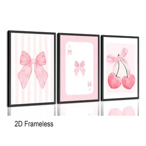 Set of 3: Pink Bow Poster Wall Art, Fashionable Preppy-Style Artwork, and Trendy Playing Card-Themed Canvas Art. Perfect for decorating girls' rooms, apartment bedrooms, and living rooms. 2D flat, frameless canvas posters.