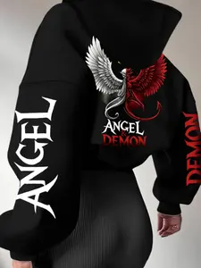 Angel & Demon Hoodie, Dark Style Contrast Color Angel Devil Wings Print, Casual Fitted Winter Streetwear Jacket, Unisex Loose Fit