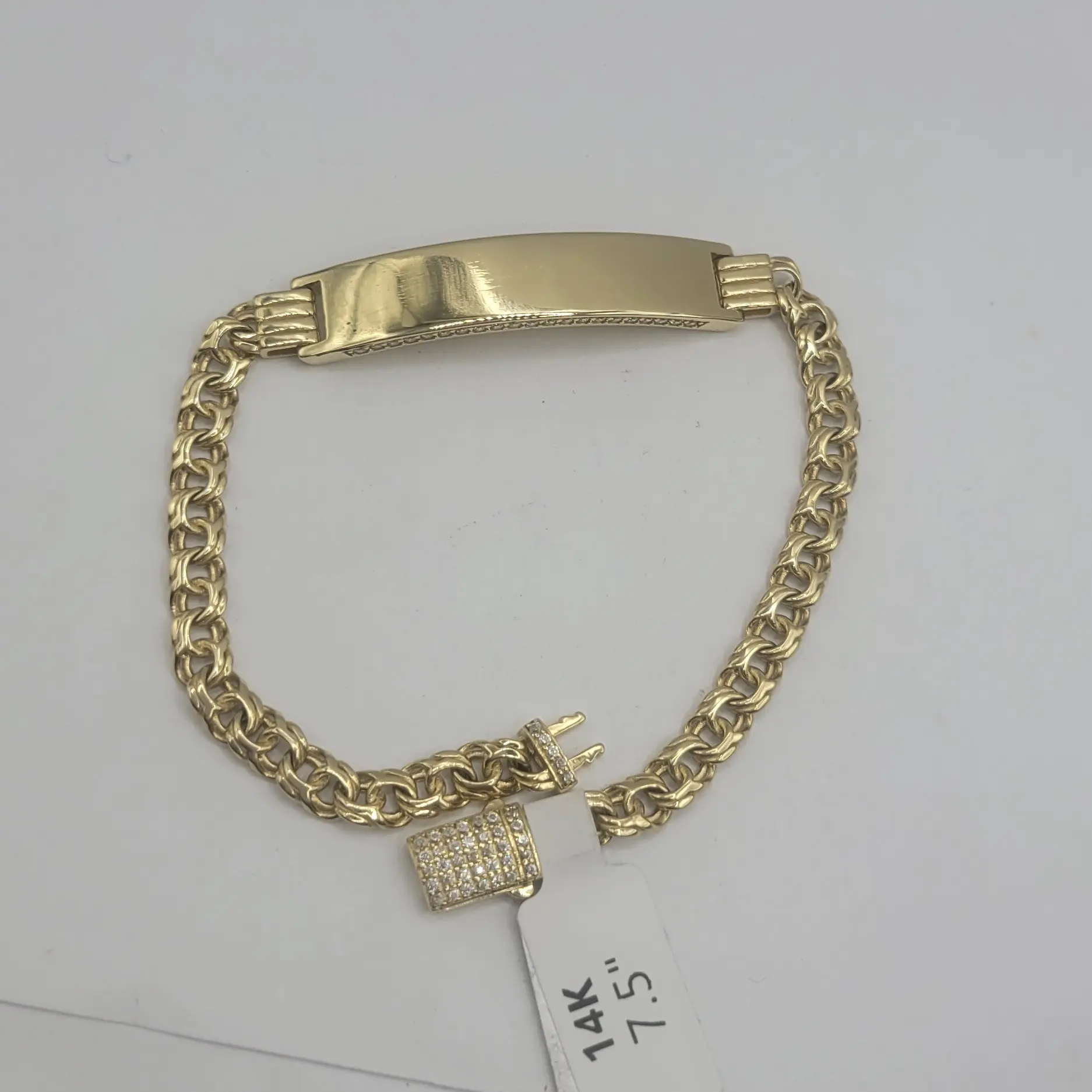 14k Gold Bracelet Chino Link Id Plate With CZ 7.5 Inch Length Fine Jewelry