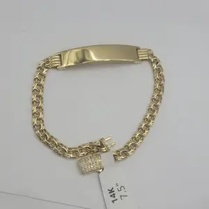 14k Gold Bracelet Chino Link Id Plate With CZ 7.5 Inch Length Fine Jewelry