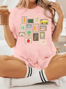 Women's Casual Summer Teacher Print T-Shirt, Short Sleeve Round Neck Top, Fitted Kint Fabric, Perfect for Spring & Summer Wear