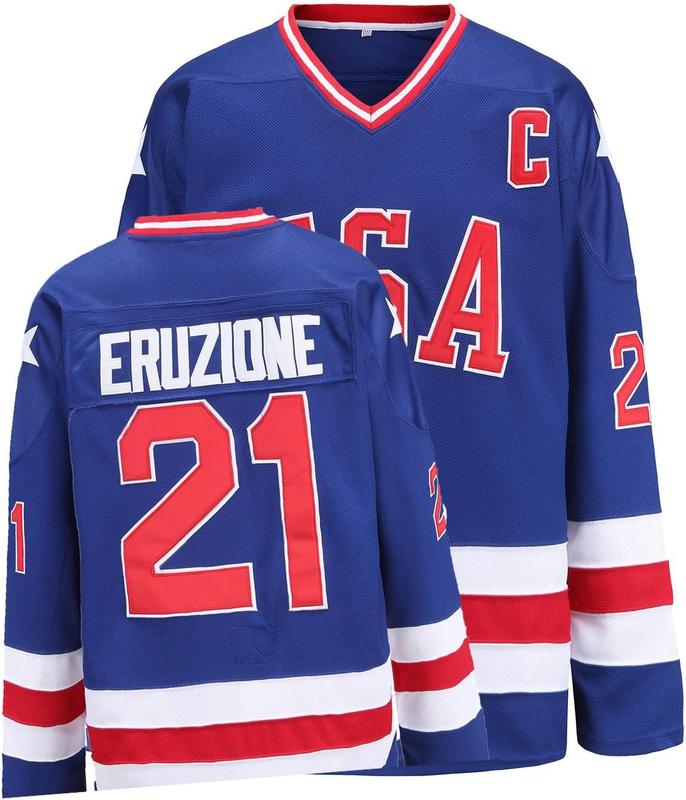Miracle movie hockey jersey, stitched letters and numbers; blue; breathable polyester mesh; long sleeves Miracle movie hockey jersey, stitched letters and numbers; blue; breathable polyester mesh; long sleeves