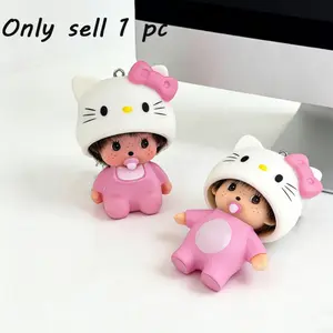 Hot-selling cute Hello Kitty and Monchhichi plush keychains, soft rubber 3D pendants, student schoolbag ornaments, car keychains, couple birthday gifts, creative cartoon merchandise, and girly accessories